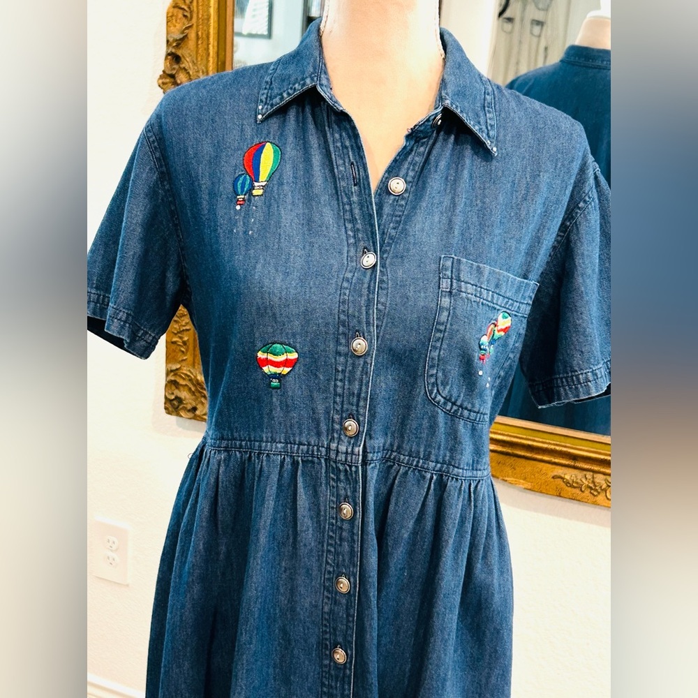Vintage Denim Maxi Dress Embroidered Hot Air Balloons classroom church mom wear